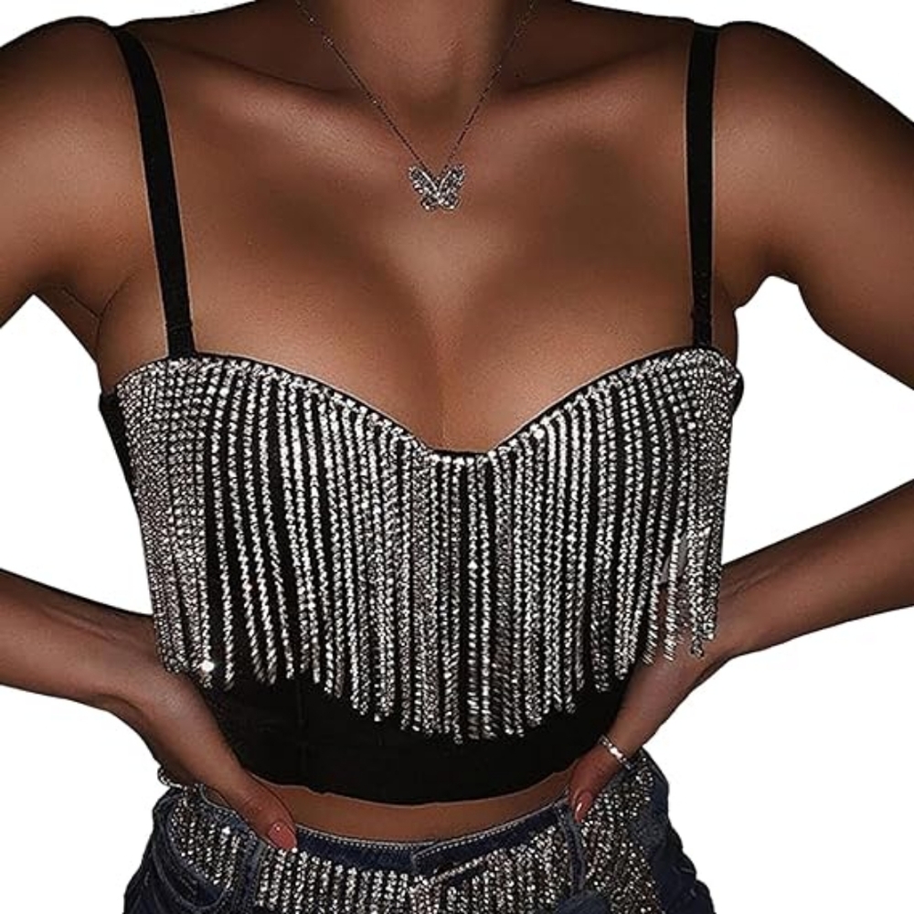Rhinestone fringe cami bralette corset